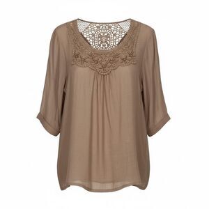 MAD STYLE Womens Boho Blouse Large Brown Crochet Lace Sheer Peasant Top Festival